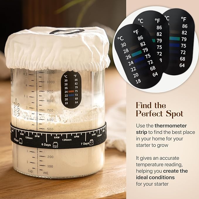 Sourdough Starter Kit with 40 oz Glass Jar – Extra Thermometer Strips and Breathable Covers Included in Sourdough Starter Jar Kit – A Perfect Sourdough Bread Starter Kit for Beginners to Expert