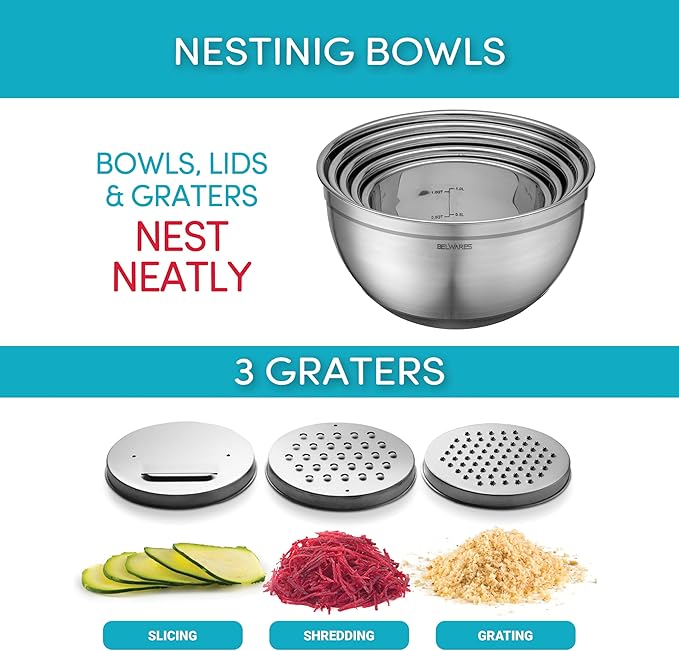 Mixing Bowls with Airtight Lids - 8PCS Stainless Steel Nesting Mixing Bowls Set with 3 Grater Attachments & Non-Slip Bottoms, Kitchen Bowls, Sizes 5, 4, 3.5, 2, 1.5QT for Baking & Food Prep (Black)