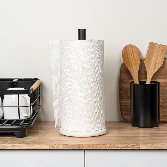 happimess PRH2000F Avery Modern Classic Metal with Non Slip Weighted Marble Base Paper Towel Holder, for Bathroom Kitchen Countertop, Standard or Jumbo-Sized Roll Paper, White/Black