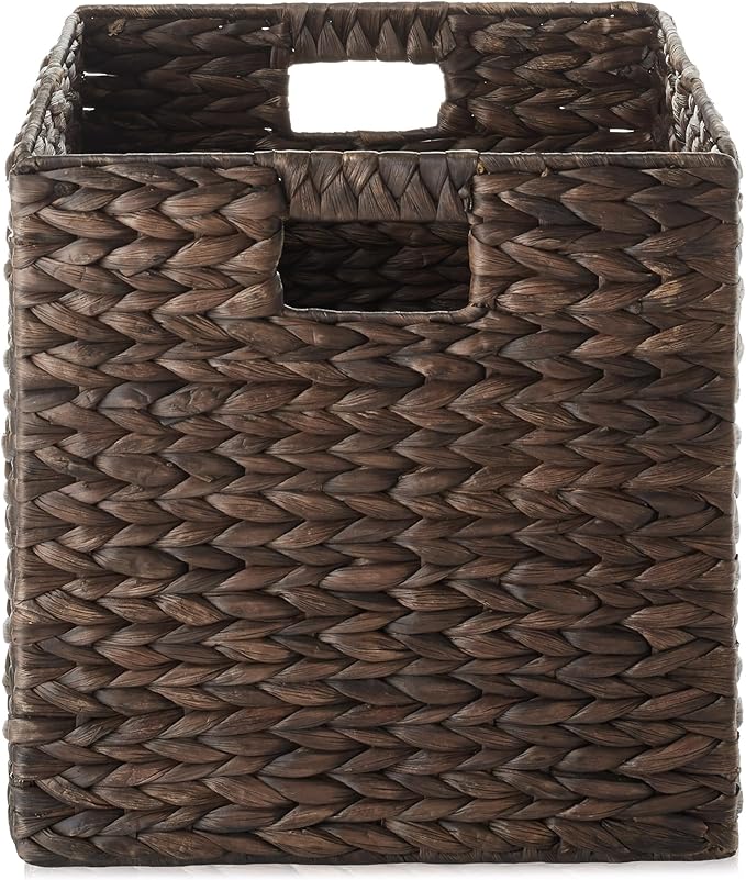 Casafield 13" x 13" Water Hyacinth Storage Baskets, Espresso - Set of 6 Collapsible Cube Organizers, Woven Bins for Bathroom, Bedroom, Laundry, Pantry, Shelves