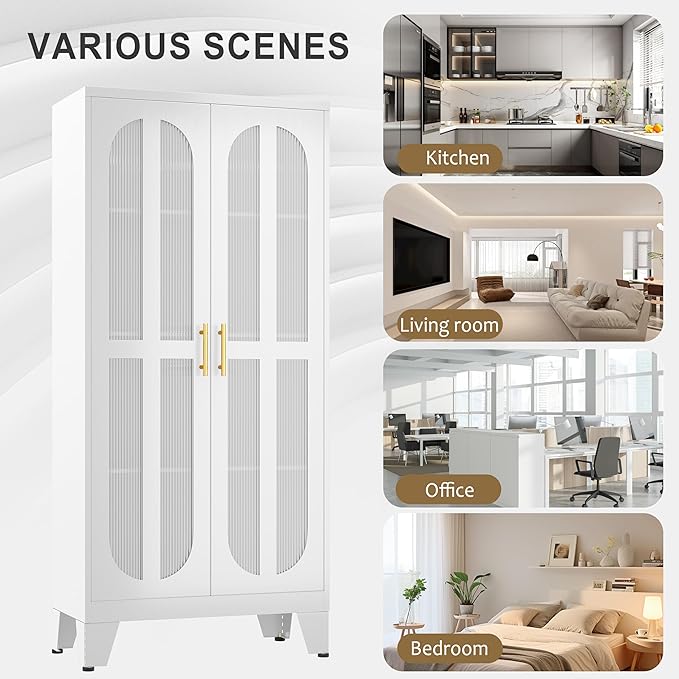 pozdeg 61" Metal Kitchen Pantry Storage Cabinet with 2 Acrylic Glass Doors ＆ 3 Adjustable Shelves, Versatile Food Freestanding Cupboard for Kitchen, Dining Room, Bathroom and Garage (White)