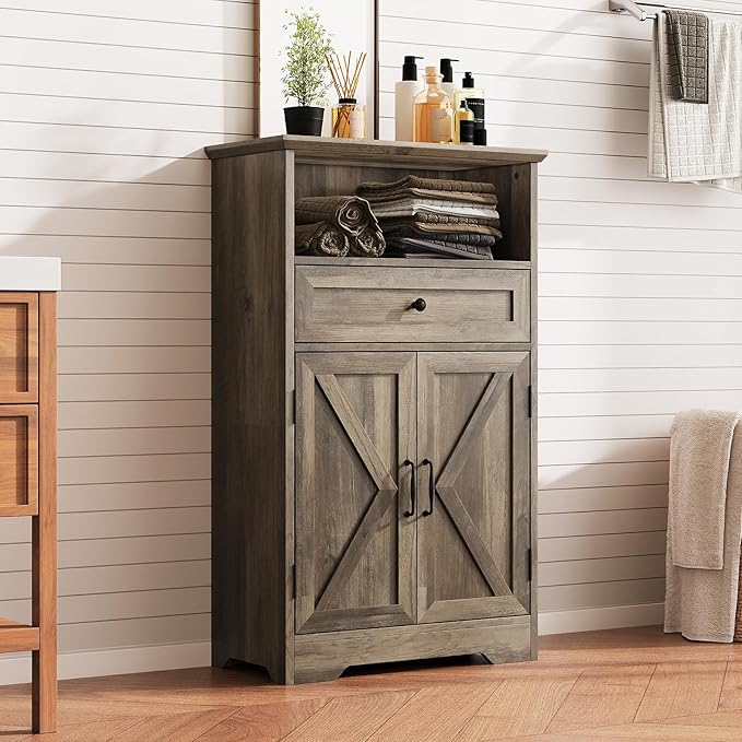 Viroformo Floor Cabinet, Farmhouse Storage Cabinet with Barn Doors and Drawer, 11.81" D x 23.62" W x 39.37" H Grey Freestanding Adjustable Shelf Organizer for Bathroom, Kitchen, Living Room