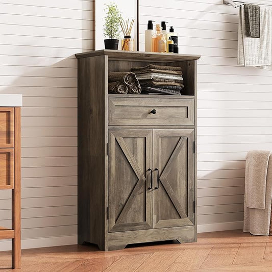 Viroformo Floor Cabinet, Farmhouse Storage Cabinet with Barn Doors and Drawer, 11.81" D x 23.62" W x 39.37" H Grey Freestanding Adjustable Shelf Organizer for Bathroom, Kitchen, Living Room