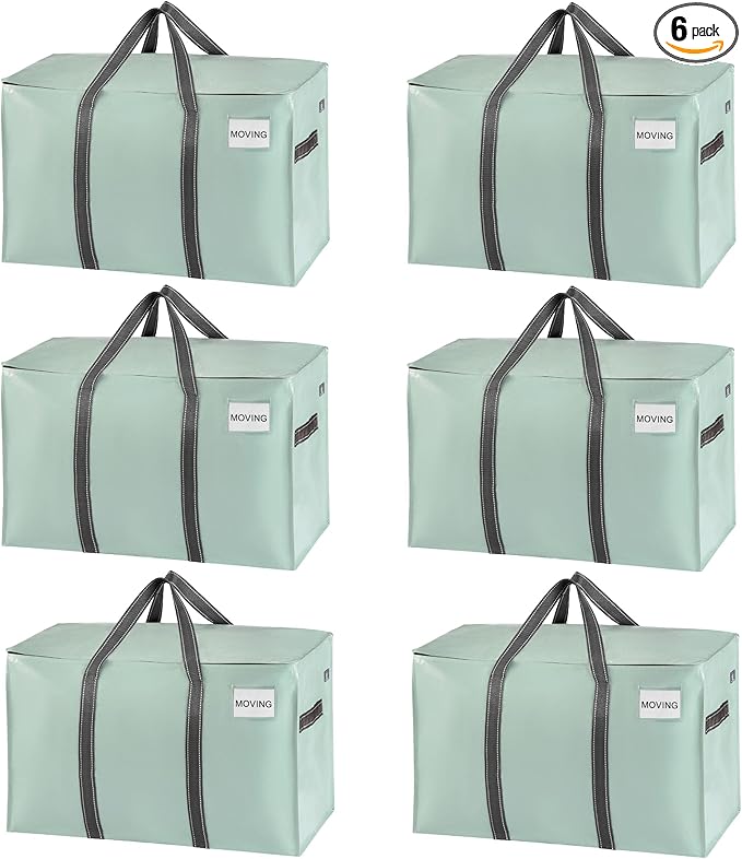 VENO 6 Pack Moving Bags and Large Christmas Storage Bins with lids. Alternative to Moving Boxes, Packing Supplies for College. Extra Large Heavy Duty Totes for Packaging (Shiny Light Green, 6 Pack)