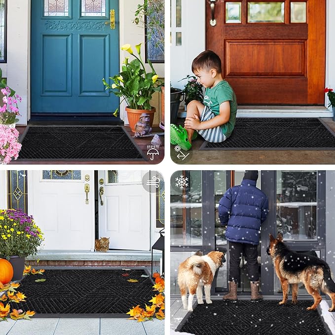 Smiry Front Door Mat Outside Entrance, Heavy Duty Sturdy Natural Rubber Doormat, Trap Dirt and Moisture, Easy Clean Low Profile Mats for Indoor Outdoor Entry, Irregular Triangle (47x30, Black)