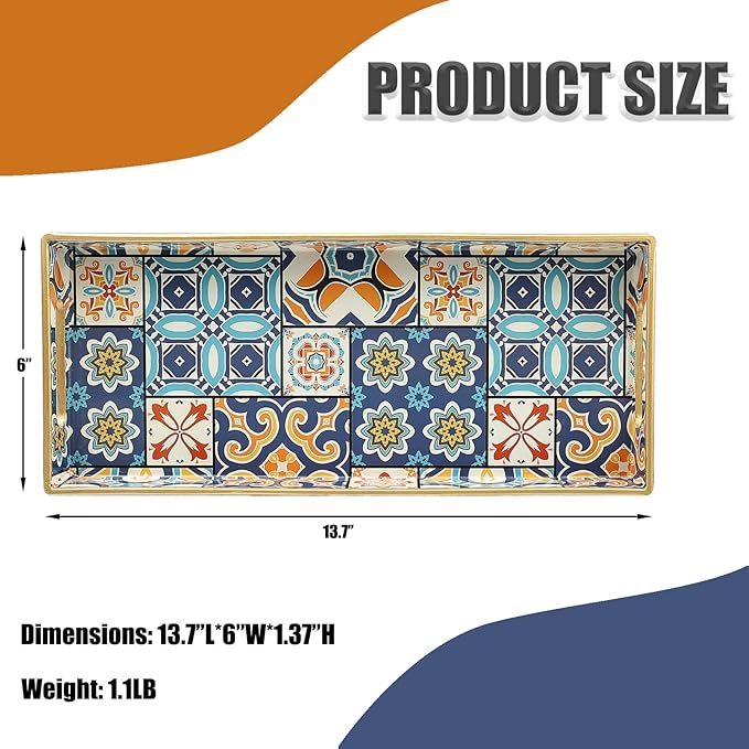Leemxiiny Bathroom Vanity Tray for Countertop, Small Plastic Toilet Tank Tray Versatile Storage & Organization Tray for Makeup, Perfume, Desk, Kitchen, Candles, 13.7"x6"x1.4", 35Boho2