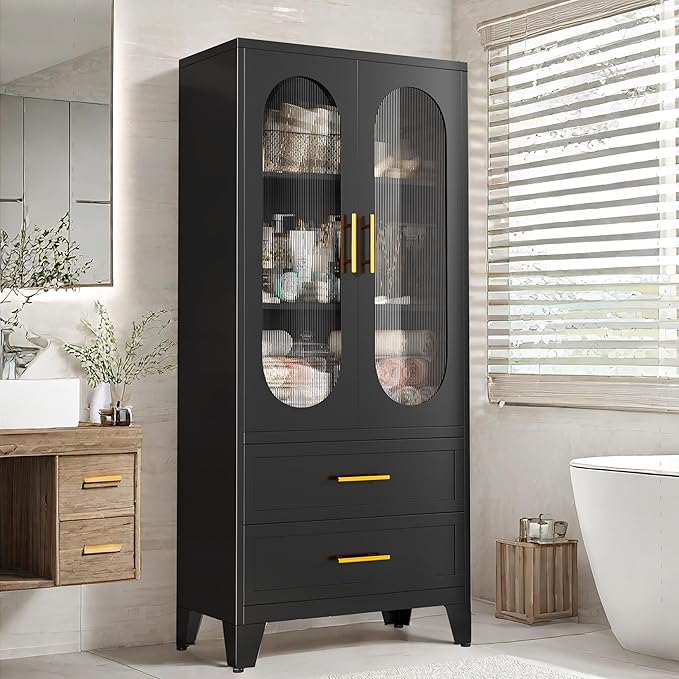 pozdeg Metal Garage Storage Cabinet, Kitchen Pantry Storage Cabinet with 2 Drawers and 2 Adjustable Shelves Versatile Storage for Homes Offices Gym Basement Warehouse (Black)