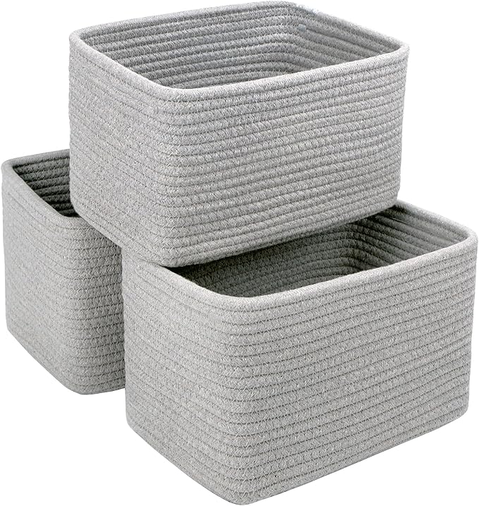 R RUNKA Small Cotton Rope Basket – Storage Bin for Organizing (10.6" x 6.7" x 6.7"), Bathroom Storage Basket for Shelf, Counter & Closet（Grey）