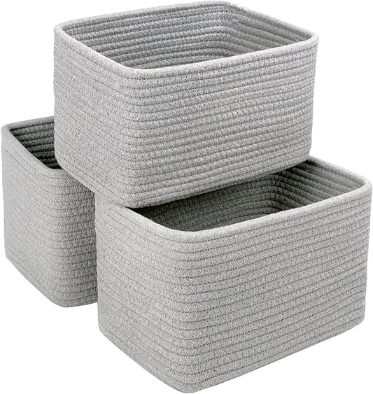R RUNKA Small Cotton Rope Basket – Storage Bin for Organizing (10.6" x 6.7" x 6.7"), Bathroom Storage Basket for Shelf, Counter & Closet（Grey）