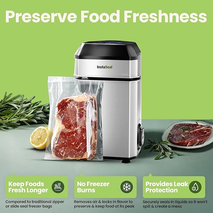 Vacuum Sealer for Food with 12 Bags, Preserves Foods 5x Longer, Space Saving Compact Upright Design Allows Machine to Seal Marinades, Soups, Meats for Sous Vide Cooking, Vegetables