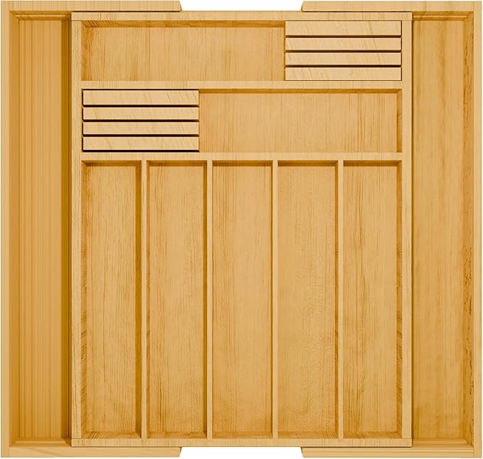 SUPER ECO Bamboo Kitchen Drawer Organizer - Bamboo Expandable Drawer Organizer Utensil Holder & Cutlery Tray - Adjustable Wood Drawer Dividers Organizer for Silverware, Flatware, Knives (9 Slot)