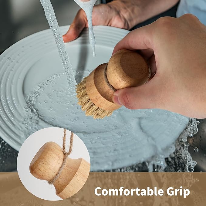 12 Pcs Bamboo Dish Brush, Wooden Bamboo Dish Scrub Brushes, Round Wooden Dishwashing Brush Sisal Bristles for Pan Pot Sink Kitchen Cleaning
