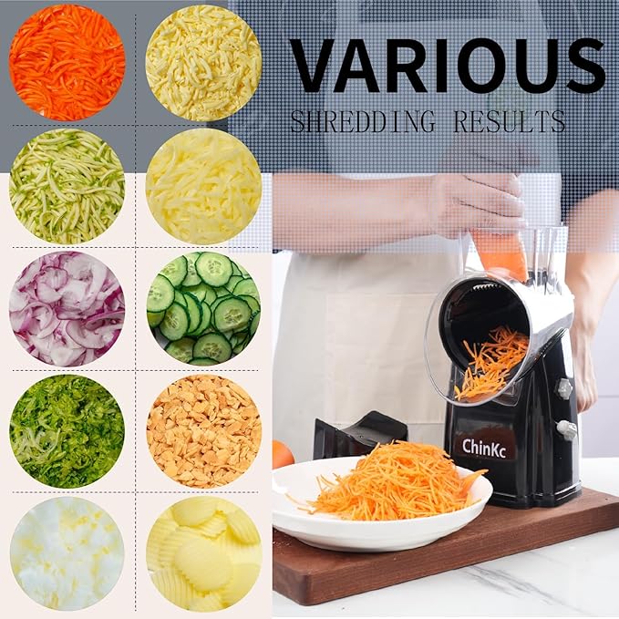 ChinKc Upgrade Rotary Cheese Grater Shredder with Handle, Strong Suction Base, Multi-purpose Rotary Grater Slicer with 5 Interchangeable Blades for Ice, Vegetables, Fruit, Nuts with Blade Storage Box