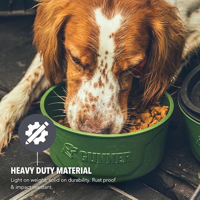 GUNNER Dog Bowl with Spill-Proof Travel Lid – 7.5" x 3.75", 1.3 lb, 7-Cup Capacity, BPA-Free, Rust-Proof, Shock-Resistant, Stackable, Dishwasher Safe, Leak-Resistant Nesting Lid – Green