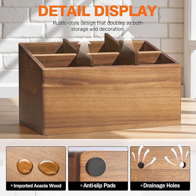 ONEARF Wooden Utensil Holder Counter, Kitchen Utensil Organizer Large 6 Compartment Cooking Utensils Holder, Acacia Rustic Wood Farmhouse Storage Container Crocks for Silverware and Cooker Set