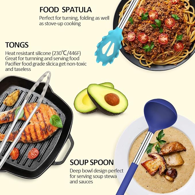 Silicone Cooking Utensil Set, Fungun Non-stick Kitchen Utensil 24 Pcs Cooking Utensils Set, Heat Resistant Cookware, Silicone Kitchen Tools Gift with Stainless Steel Handle (Colorful-24pcs)