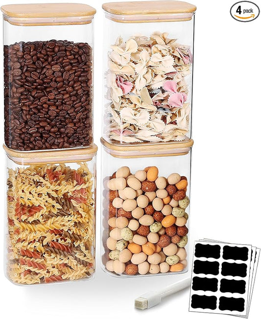 Glass Food Storage Containers with Lids 50 OZ, Set of 4 Canisters for Pantry, Cereal, Flour & Rice, Rectangle Jar with Bamboo Airtight Lids - Ideal for Kitchen Organization
