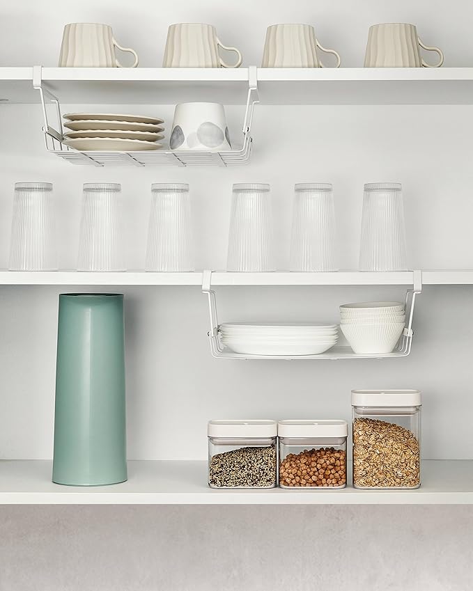 Abitrothy Under Shelf Basket, 4 Pack Under Cabinet Shelf Basket Organizer, Hanging Wire Storage Baskets, Slide-in, Add-on Space Saving for Kitchen Pantry Desk Bookshelf Laundry Room, White
