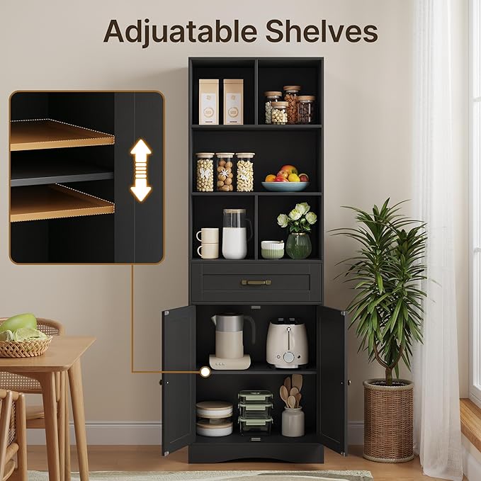 Gizoon 71'' Tall Storage Cabinet, Bathroom Storage Cabinet, Kitchen Pantry with Doors & Drawers, Adjustable Shelves, Anti-tip, Metal Handle, for Bathroom, Living Room, Office, Kitchen, with Black