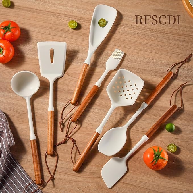 RFSCDI White Silicone Cooking Utensils Set, Kitchen Utensils Set 7 Pcs for cooking, Non-Toxic Spatula Set with Heat Resistant Wood Handles for Nonstick Cookware, (Cream White)