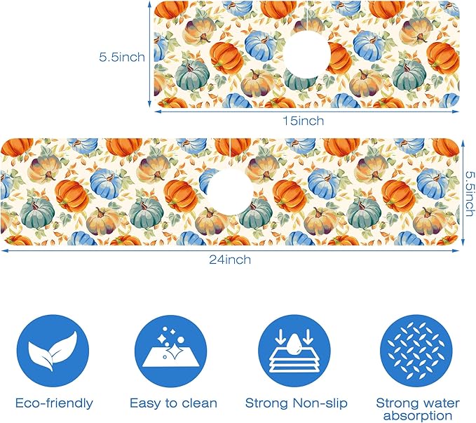 Thanksgiving Colorful Pumpkin Dish Drying Mat for Kitchen Sink Splash Guard Behind Faucet Sink Mat Absorbent Fast Drying Faucet Draining Mat for Bathroom Kitchen 5.5"×24"