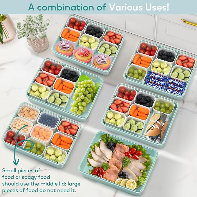 Snackle Box Container for Adults with 9 Compartment, Divided Serving Tray Snack Box Containers with Lid and Handle, Charcuterie Boxes Portable Snack Platter for Fruit Veggie Party Travel, Green