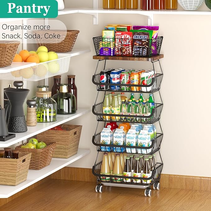Fruit Basket with Wooden Lid for Kitchen, 5-Tier Stackable Wire Fruit Vegetable Storage Basket Organizer Stand on Wheel, Produce Basket Potato Onion Storage Bins Rack Cart for Pantry
