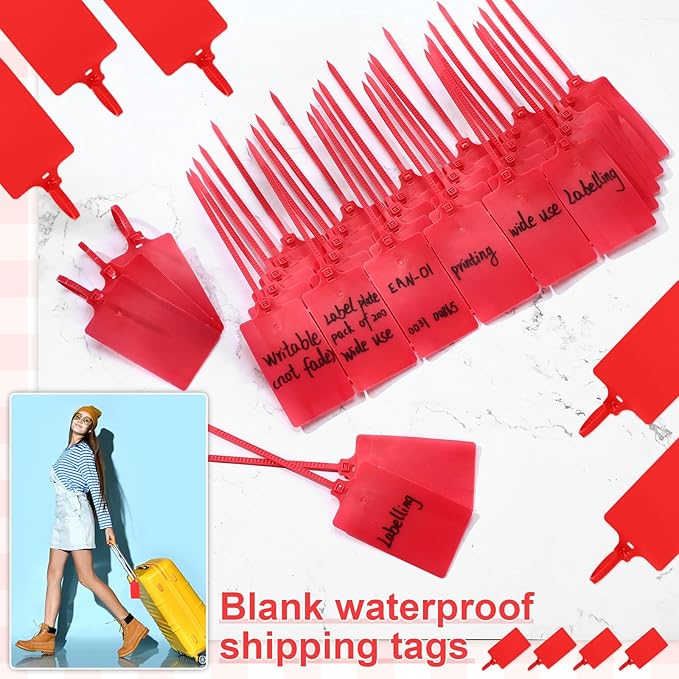 Chunful 500 Pcs Blank Plastic Tags Shipping Tags 3.94"x 2.36" Waterproof Sealing Shipping Labels Bulk Writable Hanging Tag Ties Sealing Strap Reusable Mark Labels for Keys Luggage Logistic(Red)