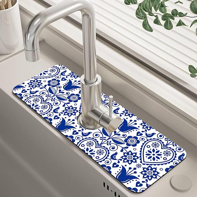 Vintage Bird Heart Floral Dish Drying Mat for Kitchen Sink Navy Blue Sink Splash Guard Faucet Mat Draining Mat Fast Drying Sink Protectors for Kitchen and Bathroom 5.5"×15"