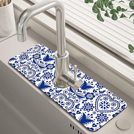 Vintage Bird Heart Floral Dish Drying Mat for Kitchen Sink Navy Blue Sink Splash Guard Faucet Mat Draining Mat Fast Drying Sink Protectors for Kitchen and Bathroom 5.5"×15"
