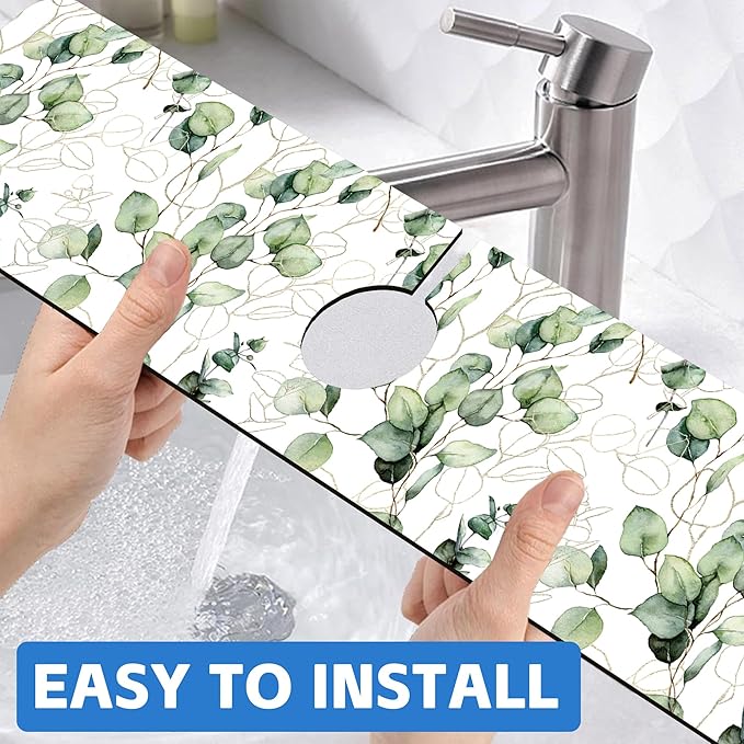 Watercolor Gold Eucalyptus Branch Dish Drying Mat for Kitchen Sink Splash Guard Behind Faucet Sink Mat Absorbent Fast Drying Faucet Draining Mat for Bathroom Kitchen 5.5"×24"