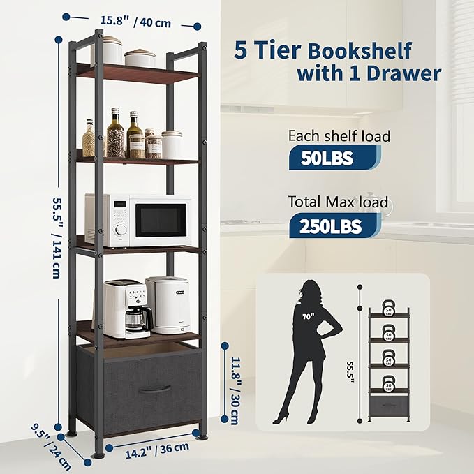 Whitmor 5-Tier Bookshelf with Drawer, Modern Display Bookcase with Wood Shelves & Metal Frame, Narrow Standing Storage Organizer for Living Room, Bedroom, Home Office, Black