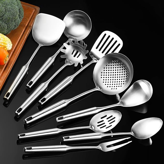 NIITAWH 18/10 Stainless Steel Kitchen Utensils, 9 PCS Metal Cooking Utensils Set 15", Solid and Slotted Spoon, Fork, Spatula, Ladle, Skimmer, Slotted Spatula Tunner, Spaghetti Large Spoon