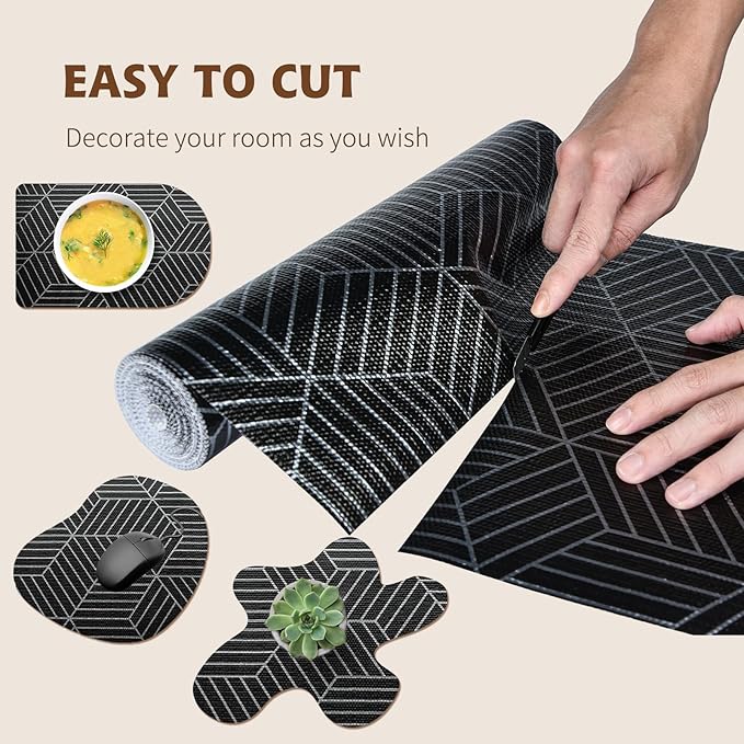 Shelf Liners for Kitchen Cabinets 17.3in x 20FT, Non Adhesive Cabinet Liner Strong Non-Slip Black and Silver Geometric Drawer Liner, Easy to Clean for Cabinet with Knife and Tape Measure