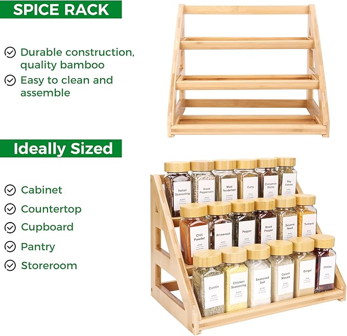 MNADSFKJ Spice Rack, Spice Organizer -3 Tier Bamboo Spice Racks, Solution for Spice Storage in Kitchens, Countertops，Storage Rooms and Other Places