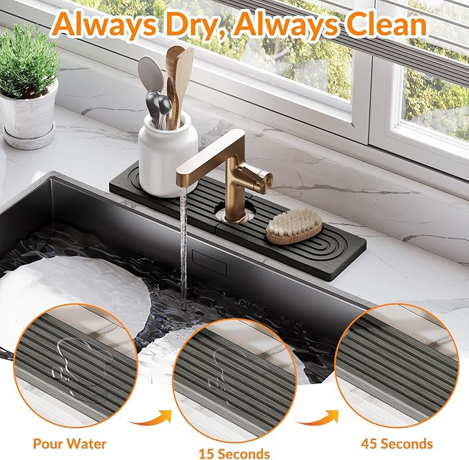 15.7 Inch Stone Faucet Mat for Kitchen Sink Splash Guard, Diatomite Sink Protectors for Kitchen Sinks Behind Faucet, Quick Dry Water Absorbing Stone Tray , Drip Catcher (Dark Gray, 15.7" x 3.9")