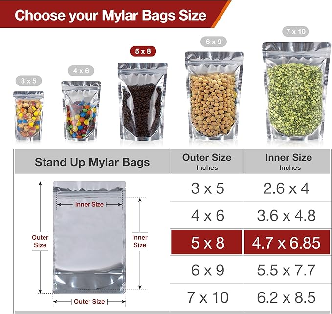 BELLE KR® Pint Mylar Bags for Food Storage - Pack Of 300-5x8-7.5mil Thick - Gusseted Bottom Clear Front Mylar Bags for Freeze Dryer - Labels Included