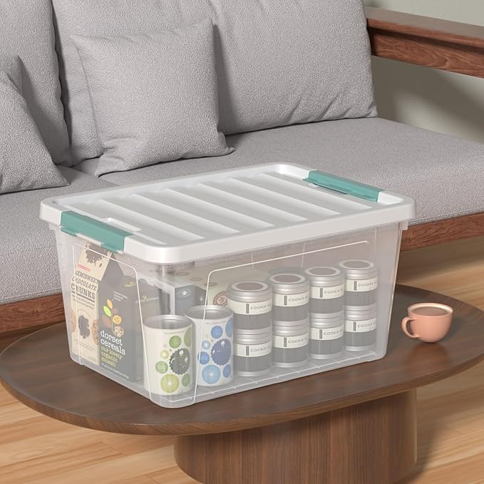 35 Quart Plastic Storage Bin with Lid, Large Clear Latch Storage Box, 4-Pack