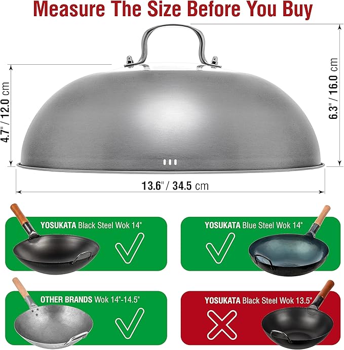 YOSUKATA Blue Carbon Steel Round Bottom Wok Pan 14" + Stainless Steel Wok Lid + 17’’ Spatula and Ladle - Set of 2 Heat-Resistant Tools