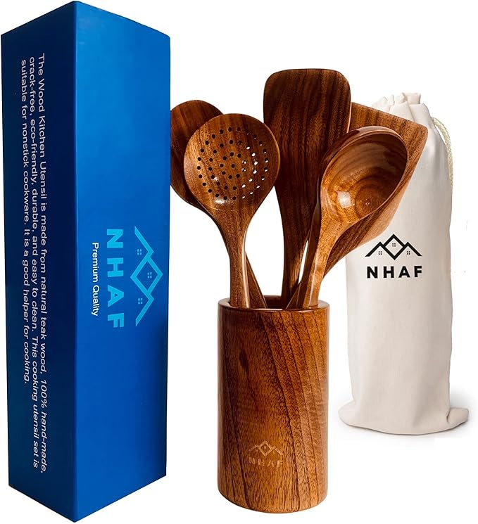 NHAF Premium Teak Healthy Spoons, Durable Eco-friendly Spatula, Wooden Utensils Set with Holder & Canvas Bag, Wooden Cooking Gifts for Mom