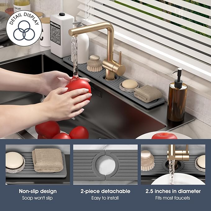 Quick Drying Stone Faucet Mat for Kitchen Sink - Diatomite Sink Mat Absorbing Stone Tray for Bathroom Counter, Sink Faucet Splash Guard Water Protector Matt for Kitchen Counter(Gray, 20" x 3.9")
