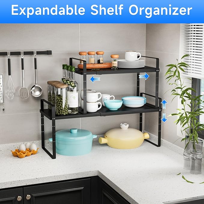 KIKIBRO Expandable Cabinet Shelf Organizer, Stackable Kitchen Pantry Counter Storage, Adjustable Closet Cupboard Stand Rack Risers Spice Organization 80LBS Heavy Duty Black 2 Pack