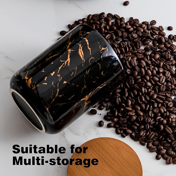 Ceramic Canister Set of 3 for Kitchen Countertop Storage, Black Food Storage Containers Jars with Airtight Wood Lids for Flour, Sugar, Coffee, Tea & Spices, Modern Countertop Decor