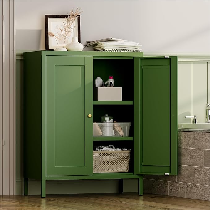 Small Metal Cabinet, Storage Cabinet with 2 Adjustable Shelves and 2 Doors,Freestanding Sideboard for Small Spaces, Living Room, Home Office, Dining Room(1PC,Forest Green)