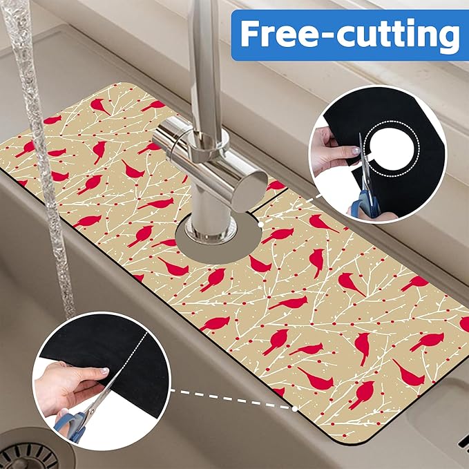 Christmas Cardinal Birds Kitchen Sink Splash Guard Mat Absorbent Fast Drying Mat Faucet Draining Mat Sink Splash Guard Behind Faucet Drip Catcher for Kitchen Bathroom 5.5"×15"