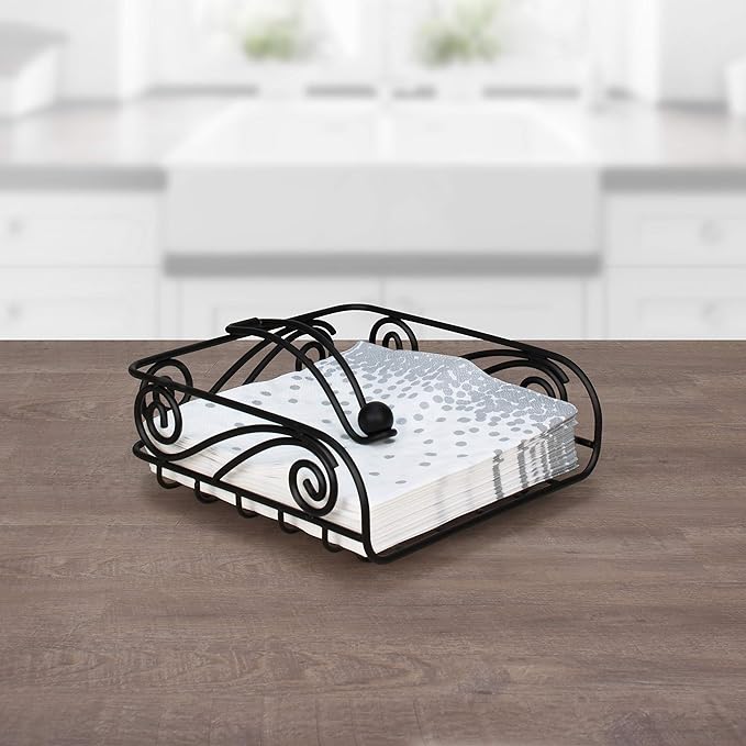 Specrum Scroll Deco Weighted Napkin Holder, Flat Napkin Holder With Weighted Arm, Traditional-Style Napkin Dispenser, Sturdy Steel Kitchen & Dining Room Décor Black