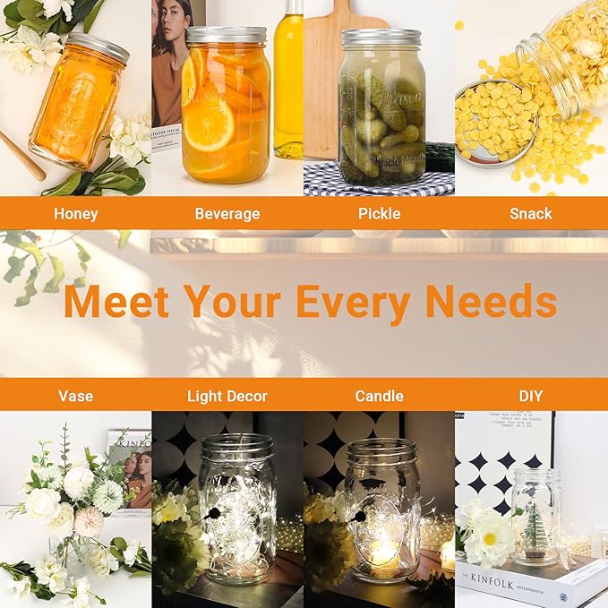 CycleMore Wide Mouth Mason Jars 32 oz, 12 Pack Large Glass Mason Jar with Metal Airtight Lids and Bands, 1 Quart Canning Jars for Pickling, Fermenting, Food Storage & DIY Projects