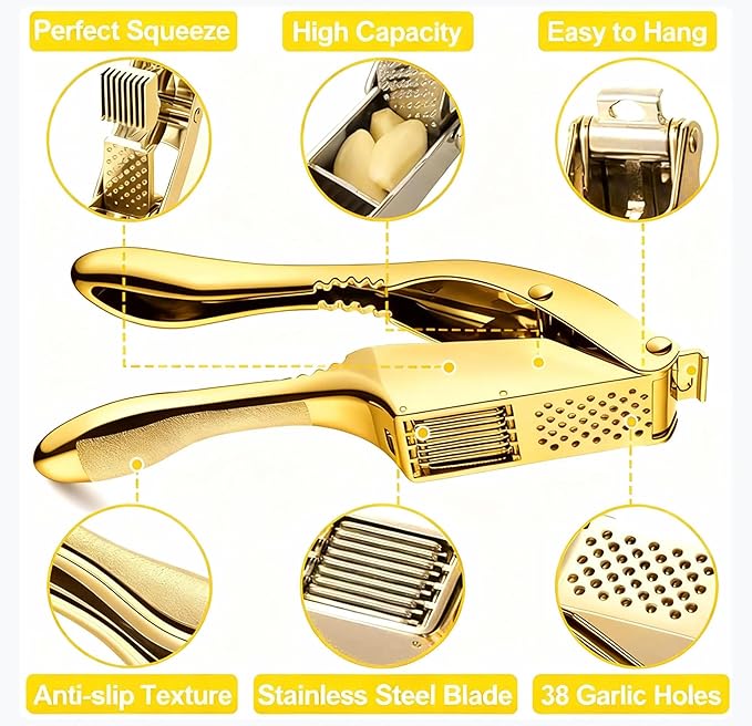 Garlic Press and Slicer 2 in 1, Rust Proof & Dishwasher Safe Professional Garlic Mincer Tool, Effortlessly Crush and Mince Garlic with this Ergonomic Handle-Garlic Slicer & Brush ANCQMI(Gold)