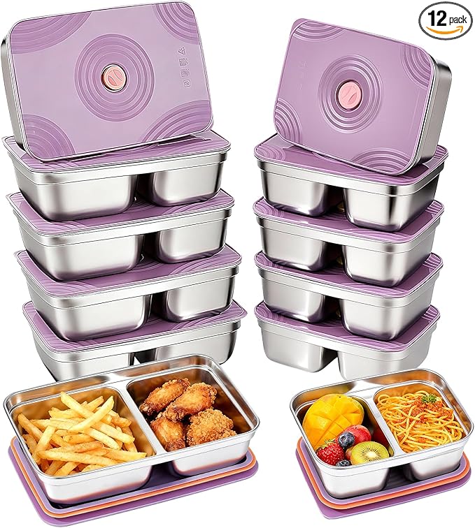 12-Piece Stainless Steel Snack Containers Reusable, Grab and Go 2 Compartment Food Storage Containers with Leakproof Lids for Travel and Outdoor Camping School Lunch Prep Dishwasher Safe