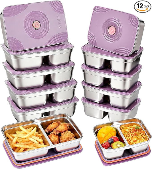 12-Piece Stainless Steel Snack Containers Reusable, Grab and Go 2 Compartment Food Storage Containers with Leakproof Lids for Travel and Outdoor Camping School Lunch Prep Dishwasher Safe
